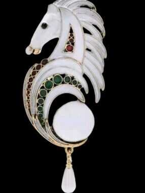 White Enamel Multicolored Horse Head Brooch Pin With Faux Pearl Tassel Accent